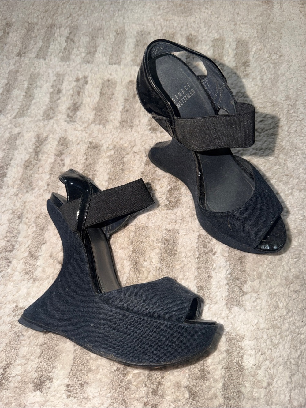 Stuart Weitzman Black Fabric Wedge Sandals with Elastic Strap